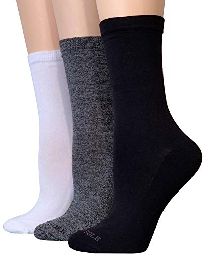 Ladies Pillow Sole Crew Socks, 3 Pack, Rayon from Bamboo, Breathable, Soft Toe Seam, Non-Binding Top, Fits Shoe Sizes 4-10