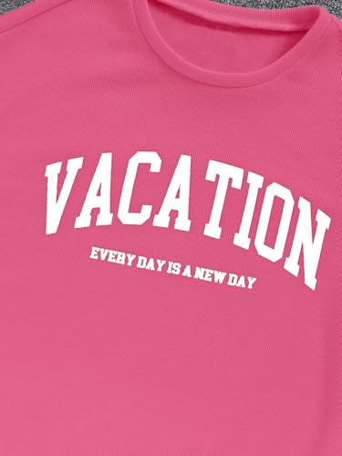 Image of Verdusa Girl's Tracksuit Sets 2 Piece Outfits Letter Print Vacation Tee Top and Drawstring Waist Shorts