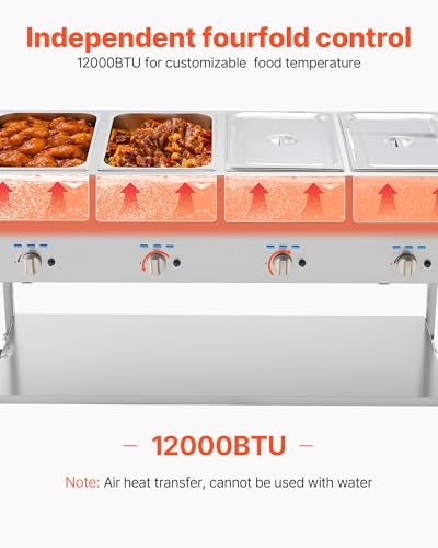 Image of VEVOR 4-Pan Commercial Propane Steam Table, LP Gas Outdoor Soup Warmer with Drain Valve and 3 inch Wheels, Stainless Steel Propane Food Warmer with Independent Temp Control, for Restaurant Outdoor Camping