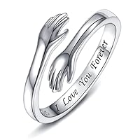 925 Sterling Silver Hug Rings for Women, I Love You Forever Love You Mother Gift Sister Gifts Engraved Words Hugging Hands Open Ring Friendship Jewelry Gift (I love you forever)