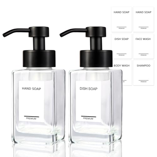 PLOUTA HOME Foaming Hand Soap Dispenser 2 Pack, 12oz/350ml Glass Foaming Soap Dispenser Set with Stainless Steel Pump, Square Refillable Foam Pump Bottles for Bathroom&Kitchen,Includes 6 Labels