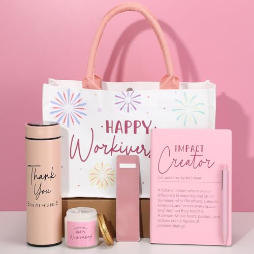 Thenshop 6 Pcs Happy Workiversary Gifts Set for Men Women Employee Appreciation Gifts Include Tumbler Leather Notebook Pen Tote Bag Scented Candle for Office Coworker Employee(Pink)