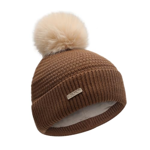 ZLYC Kids Winter Hats for Girls Boys Pom Pom Beanie Hat Cotton Lined Knitted Cap