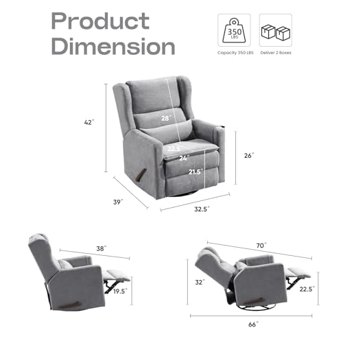Image of Rocking Chair Nursery with Adjustable Headrest,Comfy Swivel Rocker Recliner with Lumbar Support, Manual Nursery Chair Rocker Recliner with Cup Holder and Side Pockets, Grey