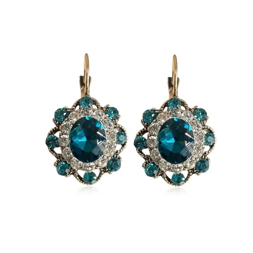 Bohemian Vintage Gold Rhinestone Flower Dangle Earrings, Antique Style Round