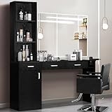 4ever2buy Barber Station for Hair Stylist, Salon Wall Station with Barber Cabinet, Hair Stations Equipment Hair Dryer Holder, Drawers, Wall Mount Barber Beauty Station, Mirror not Included, Black