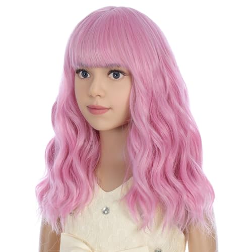 Image of PATTNIUM Light Pink Wig for Kids Short Wavy Pink Wig with Bangs Girls Synthetic Hair for Cosplay Costume