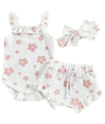 Newborn Infant Baby Girl Summer Clothes Outfits Set Floral Print Romper Tops Drawstring Short Headband Clothes Set
