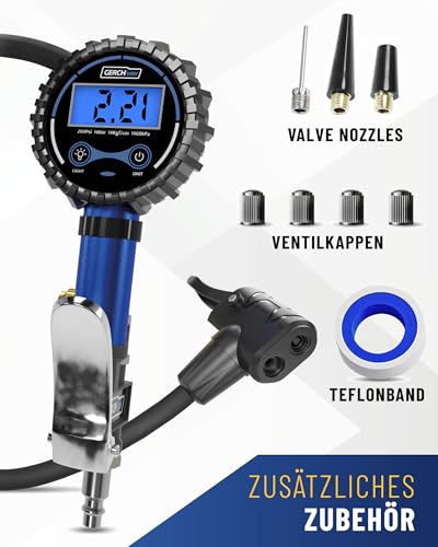 GERCHWAY Digitaler Reifenfüller mit Manometer 0-14 bar – Ventil-Adapter für Presta/SV (Französisches Ventil) und Schrader/AV, Druckluft-Reifendruckprüfer für Luftkompressor – für Fahrrad und Auto