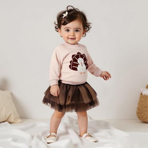 Toddler Baby Girl Thanksgiving Outfit Football Turkey Embroidery Sweatshirt Tulle Layered Skirt 2Pcs Clothes Set3