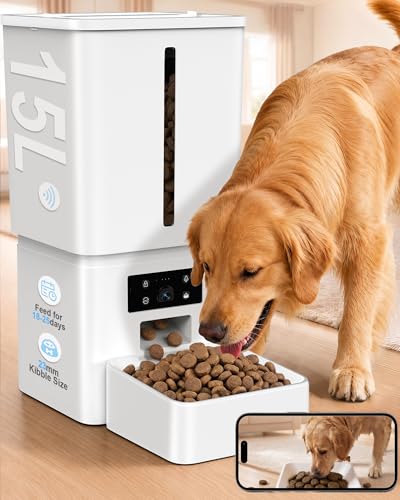 15L/63 Cups Automatic Dog Feeder for Large Breeds: Feeds for 1825 Days - Anti-Clog Design for 223mm Kibble - 5G WiFi Auto Dog Food Dispenser with HD Camera and Timer for Busy Pet Parents