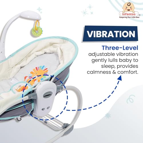 Image of Infantso 5 in 1 Premium Baby Rocker for 0 to 2 Years, Chair for Newborn with Neck Pillow, Calming Vibrations, Music & Hanging Toys, 3 Position Adjustable Backrest Toddler Swing