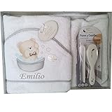 toallas para bebe bordadas punto cruz  Toalla de bebe con capucha BORDADA con nombre. Diseño osito en bañera (Gris)