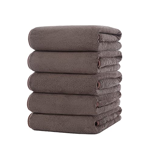 バスタオル マイクロファイバー 大判 約60X120cm 5枚セット ふわふわ 瞬間吸水 速乾 抗菌 防臭 耐久性 ホテル仕様 タオル (60X120cm, ブラウン)