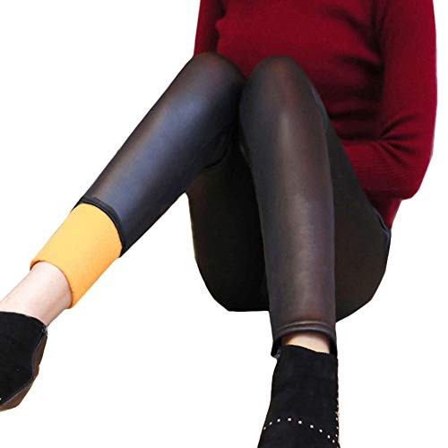 FANMURAN Pantalones de Cuero Leggings cálidos Engrosamiento Pantalones de Cintura Alta de Cuero Negro Leggings Casual Leggins de Cuero de imitación sólidos para Invierno otoño Pantalones de Moda