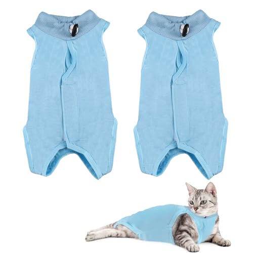 Traje de recuperación de gato L en algodón azul con cuello ajustable para postoperatorio 2