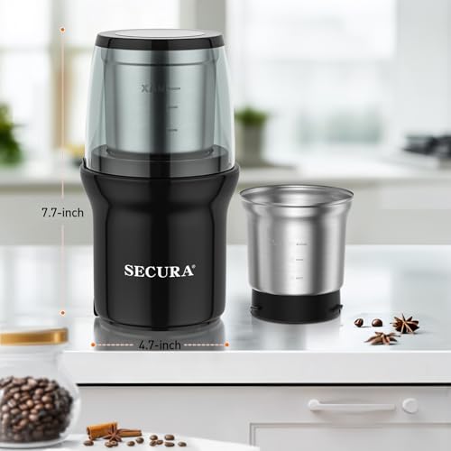 Image of Secura Electric Coffee Grinder and Spice Grinder with Stainless Steel Blades, 2 Removable Bowls, Black