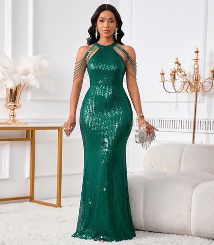 Image of Cololura Women Sexy Elegant Sequin Tassel Off Shoulder Halter Bodycon Maxi Dress Party Evening Gown Formal Dress