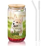 JIUTY Corgi Trinkgläser mit Deckel und Glasstrohhalm, 473 ml, Bier-, Eis- und Kaffeegläser