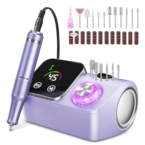 45000 RPM Professional Electric Nail Drill with Rechargeable Base and Bits Storage Holes, 12 Bits Electric Nail File for Acrylic and Gel Nails, Manicure Pedicure Care Nails Kit for Home Salon(Purple)