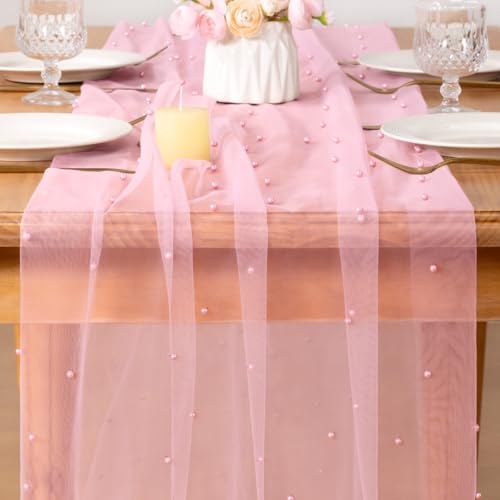 Image of MLMC Pink Pearl Table Runner Boho Rustic Tulle Table Runner with Pearls 10ft 29 inchx120 inch Cheesecloth Table Decor for Wedding Anniversary Baby Shower Home Decoration
