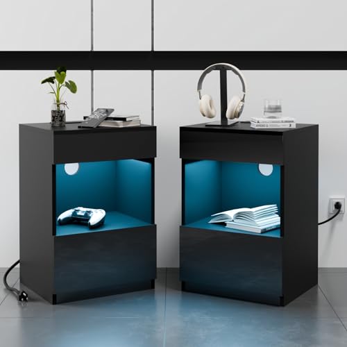 Hommpa NIGHTSTAND 16 BK Set Of 2 Open Shelf Led Nightstands With Charging Station 2 Drawers Bedside Tables Black Night Stands With Storage Smart Nightstands High Gloss Night Table With Led Light For Bedroom Furniture cover
