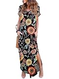 HUSKARY Women's Summer Sunflower Maxi Dress Beach Cover Ups Vacation Dresses Split Pockets Dresses