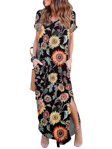 HUSKARY Women's Summer Sunflower Maxi Dress Beach Cover Ups Vacation Dresses Split Pockets Dresses