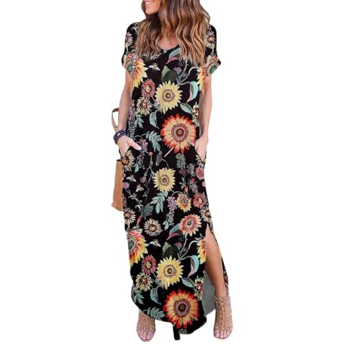 HUSKARY Women's Summer Maxi Dress Casual Loose Pockets Long Dress Short Sleeve Split Maxi Dresses X-Large Sunflower