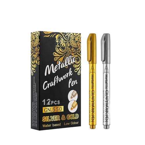 Image of JOUET Metallic Craftwork Pen Set, Gold and Silver Water Based Markers, Fine Tip, 12 Pieces, Low Odour, Waterproof, for Paper, Glass, Wood, Metal