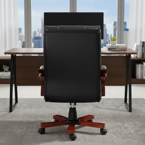 Image of Lakdi The Furniture High Back Director & Executive Chair for Office Made in Plyboard with Leatherette Upholstery & Mahogany Finished Armrests & Adjustable Features - 111011316 Black