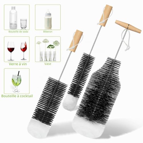 SunnyOcean Brosse à biberons – Lot de 3 nettoyeurs de Bouteilles pour Bouteilles en Verre, Bouteilles de Soda 1 L, carafes en Verre, gourdes et biberons – vue 4