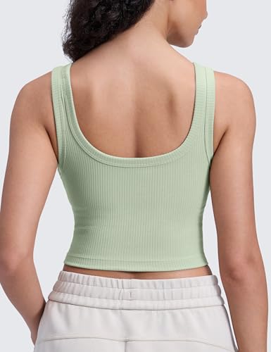 Image of CRZ YOGA Ribbed U Neck Crop Tank Tops | Medium Support, Removable Pads, Casual, Wide Straps, Longline Sports Bras for Women