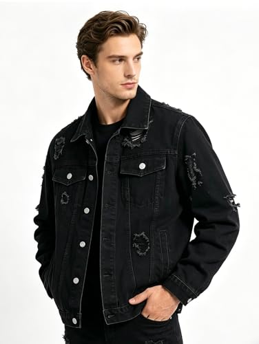 Image of Men's Denim Jacket Patchwork Fringe Jacket Slim Jean Jacket Streetwear Coat