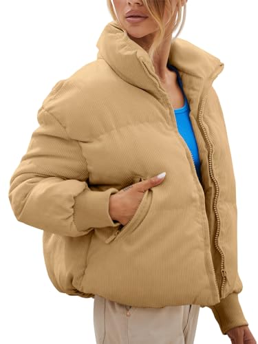 Fisoew Women's Corduroy Quilted Puffer Jackets Long Sleeve Zip Up Stand Winter Down Coat with Pockets2