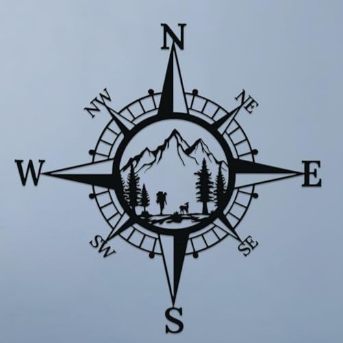ruelen 14'' Metal Mountain Nautical Compass Wall Decor, Mountain Forest