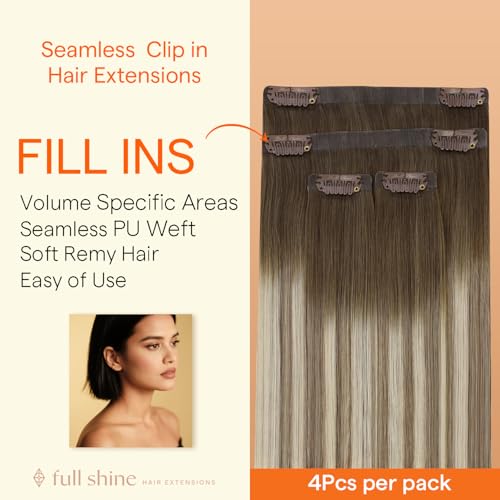 Image of Full Shine Human Hair Clip ins, Ash Brown with Medium Blonde | Real Human Hair, 16 Inch 65g 4 Pcs, Part Line Coverage, Smooth Straight, Weekend Events, Fine Hair, Easy Blend