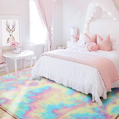 Toneed Soft Rainbow Rug For Girls Bedroom, 4 X 6 Feet Colorful Low Pile Rug Cute Unicorn Area Rug Tie Dye Style Carpet For Teen Girl Baby Room Nursery Playroom Decor #TOP2