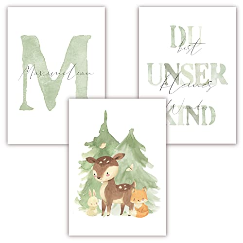 Pandawal Kinderzimmer Bilder Babyzimmer Baby Waldtiere Deko Poster Set 3er Tiere für Kinder Junge I Mädchen mit Name und Spruch