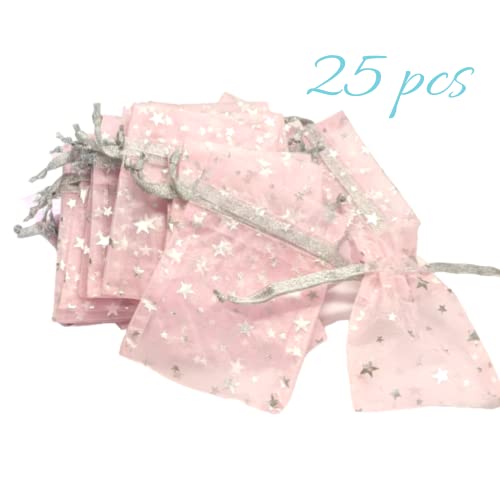 Linpeng Silver Drawstring Organza Jewelry Candy Pouch Christmas Wedding Party Favor Gift Bags, Appro.3X4, Pink With Silver Stars - 25 Pcs #TOP2