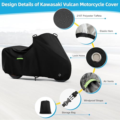 Image of Motorcycle Cover Waterproof for Kawasaki Vulcan S 650 /900 /1500, Heavy Duty Outdoor Sun UV Rain Dust All Weather Protection Motorbike Cover with Soft Cotton Lining & Lock Hole-Black