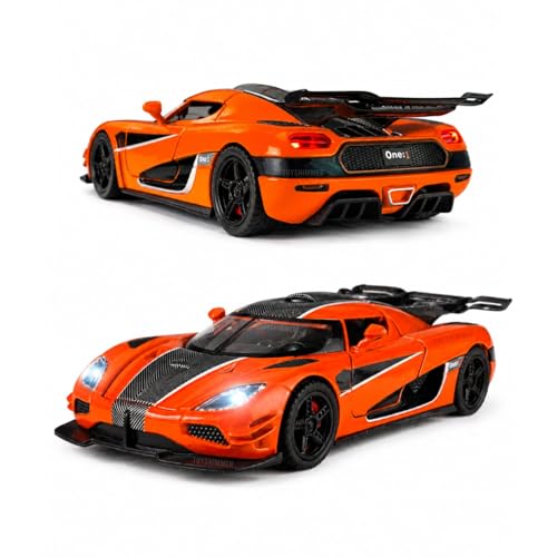 Image of 1:32 Scale Die Cast Sports Car Model - Metal Body Pull Back Toy Car with Openable Doors, Realistic Design for Kids & Collectors (Koenigsegg one Style, Color -Orange)