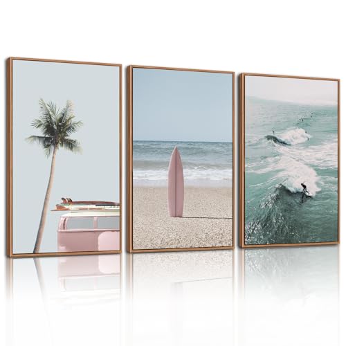 CHDITB Ocean Beach Framed Canvas Wall Art Set, Coastal Surfboard