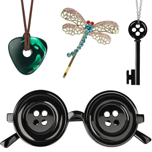 Cabjiang 4PCS Set Button Eyes Glasses Key Necklace Hair Clip Green Stone Halloween Cosplay Costume Gifts Accessories