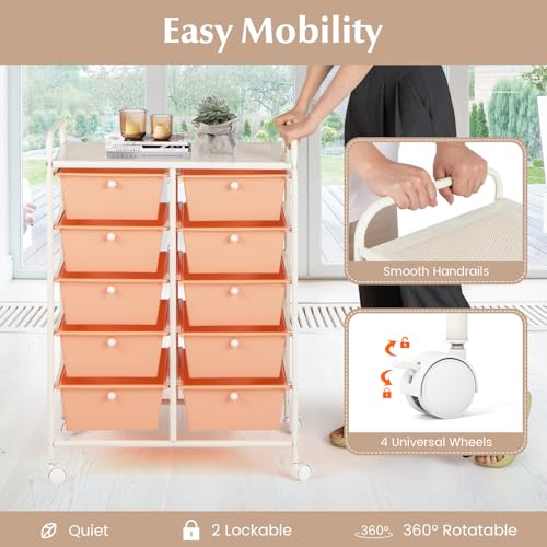 Image of LDAILY 10 Drawer Rolling Cart, Storage Cart Organizer on Wheels, Drawer Cart with Metal Frame & Large Storage Capacity, Rolling Cart with Drawers for Living Room Classroom, Office
