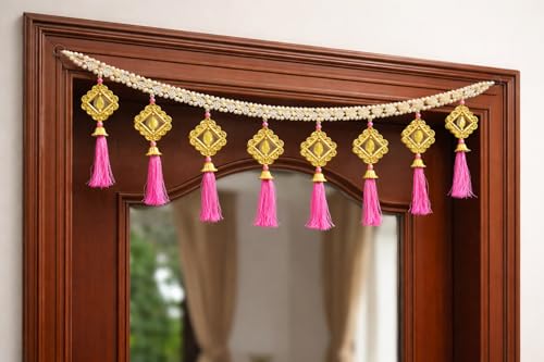 Image of Handcrafted Pearl Beaded Door Toran with Pink Tassels | 3 Feet Decorative Bandhanwar for Main Door, Mandir & Wedding Decor | Traditional Hanging for Diwali & Griha Pravesh