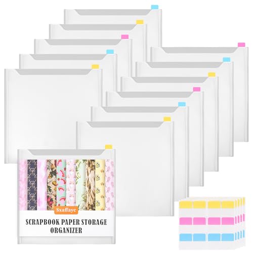 Sxaffayc 12 Pack Scrapbook Paper Storage 12x12 Paper Organizer with 60PCS Sticky Index Tabs for Holding Scrapbooking Vinyl Sheets Cardstock and Photos