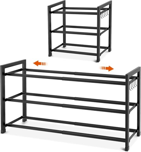 BrFoYu シューズラックスリム 3段 伸縮式シューズラック 47cm～83.5cm 幅調節可能 シューズラック 省スペース ブラック
