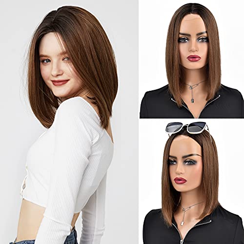 REECHO Synthetic Short Bob Wigs, 12 Inch Straight wigs Blunt haircuts style with Hand-Tied Natural Hairline and Breathable Cap for Daily Use Party - Ombre Black to Brown FTL005