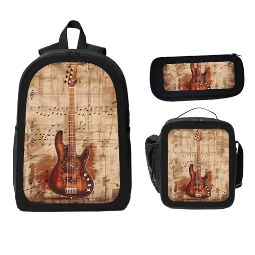 Retro Music Guitar 3 Pcs 17 Inches Backpack Set With Insulated Lunch Bag And Pencil Pouch Large Back Pack For Men Women Lunchbox Pencil Case Waterproof Backpacks Lunch Box 3 Piece Daypacks2